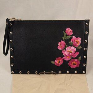 WHBM White House Black Market Black Floral Studded Wristlet Clutch NWOT